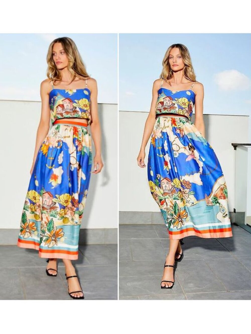 ANTONIO MELANI Evie Ocean Print Maxi A-line SKIRT TOP SET Size 12 Multi NEW NWT